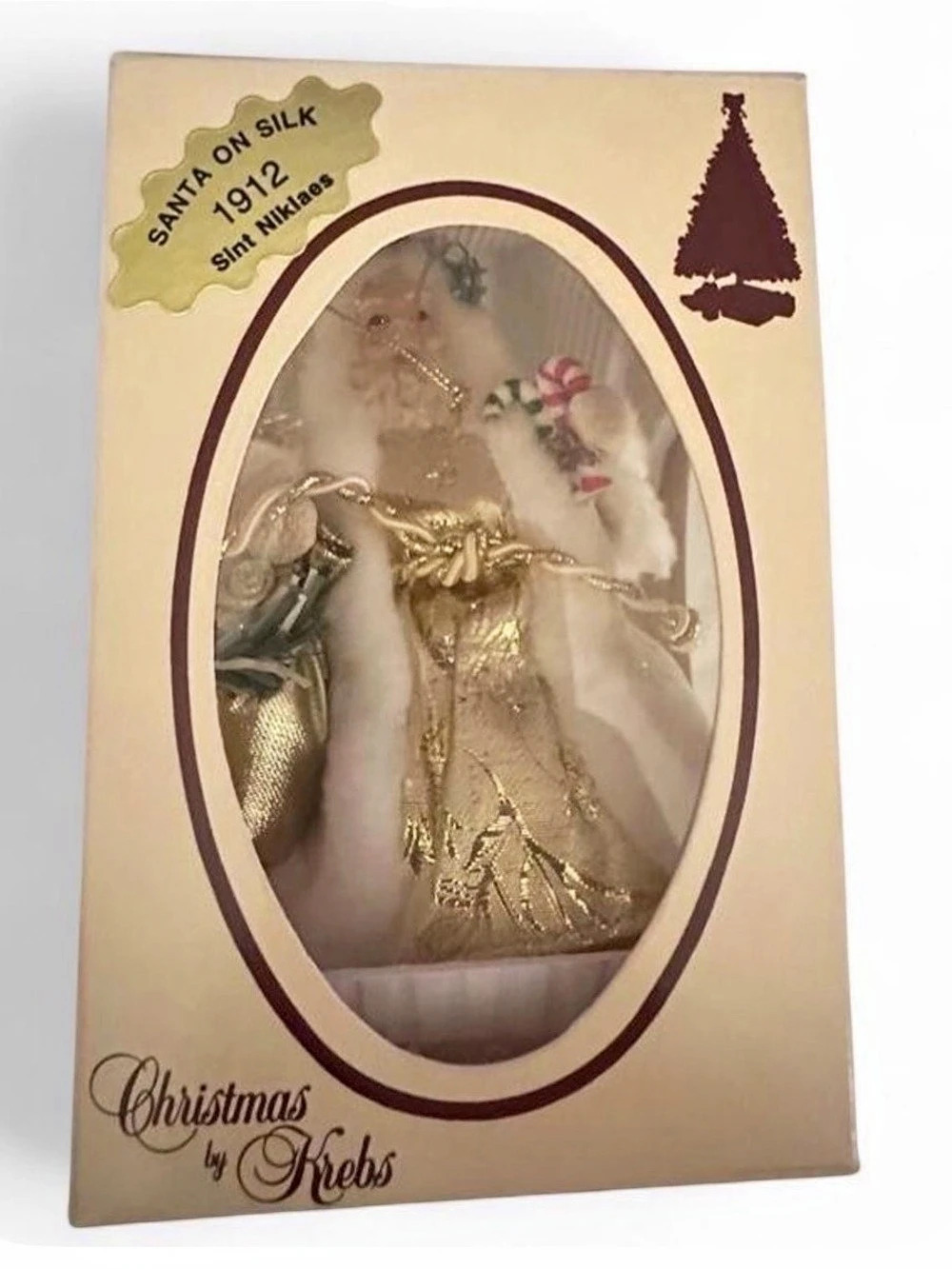 Christmas by Krebs Santa on Silk 1912 Sint Niklaes Ornament Gold & White